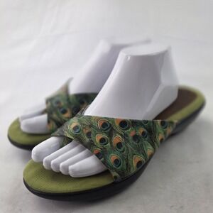 Icon Wearable Art Slide Sandals Womens 10‎ Green Peacock Print Slip On Boho Chic